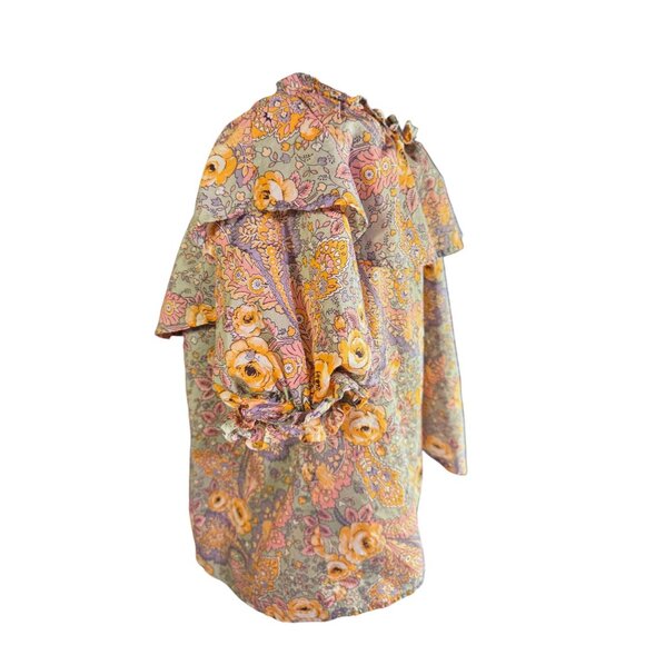 Good Luck Gem Floral Ruffled Blouse 100% Cotton Short Puff Sleeves Boho Chic - Picture 10 of 10